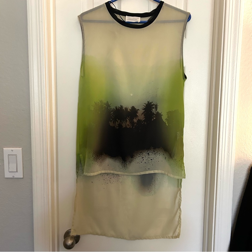 Zara Collection sheer high low sleeveless shirt Green Palm Trees Size small